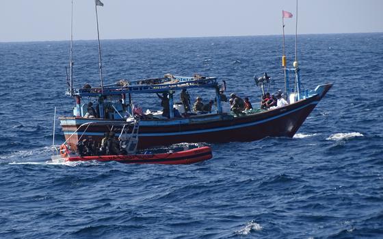 Coast Guardsmen from the USCGC Emlen Tunnell seize illegal narcotics from a stateless vessel in the Arabian Sea on Feb. 7, 2025. The interdiction was the first drug seizure since New Zealand assumed command of Combined Task Force 150 on Jan. 15.