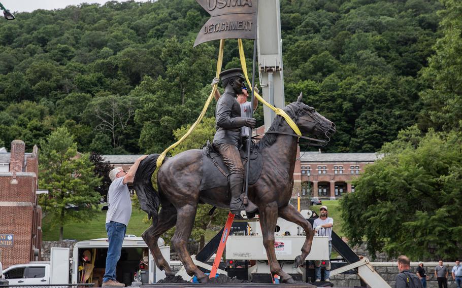 The Buffalo Soldier bronze statue is installed at USMA in West Point, New York, on August 31, 2021. The statue was sculpted by artist Eddie Dixon. 