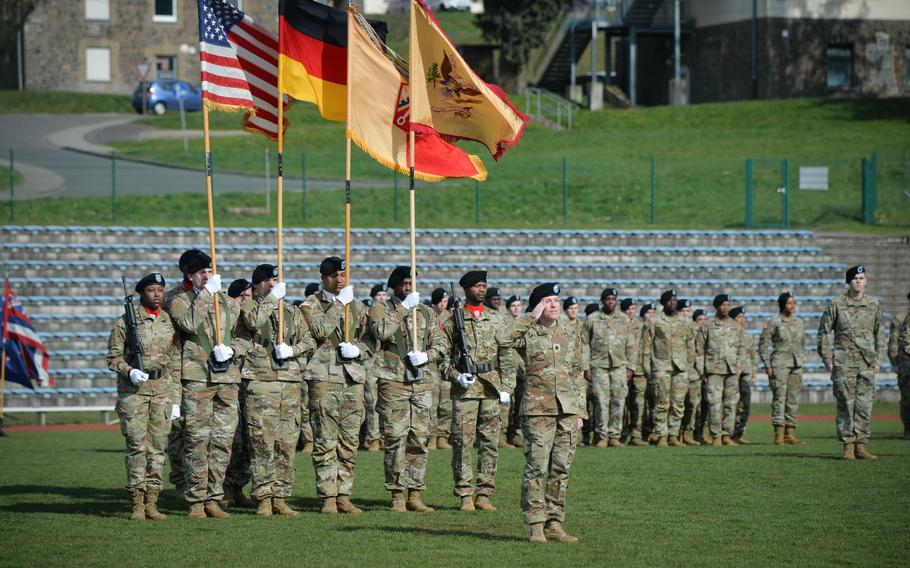 Lt. Col. Robin A. Eskelson salutes after assuming command of the reactivated 95th Combat Sustainment Support Battalion during a ceremony April 6, 2023. The unit was deactivated in Germany in 1972.