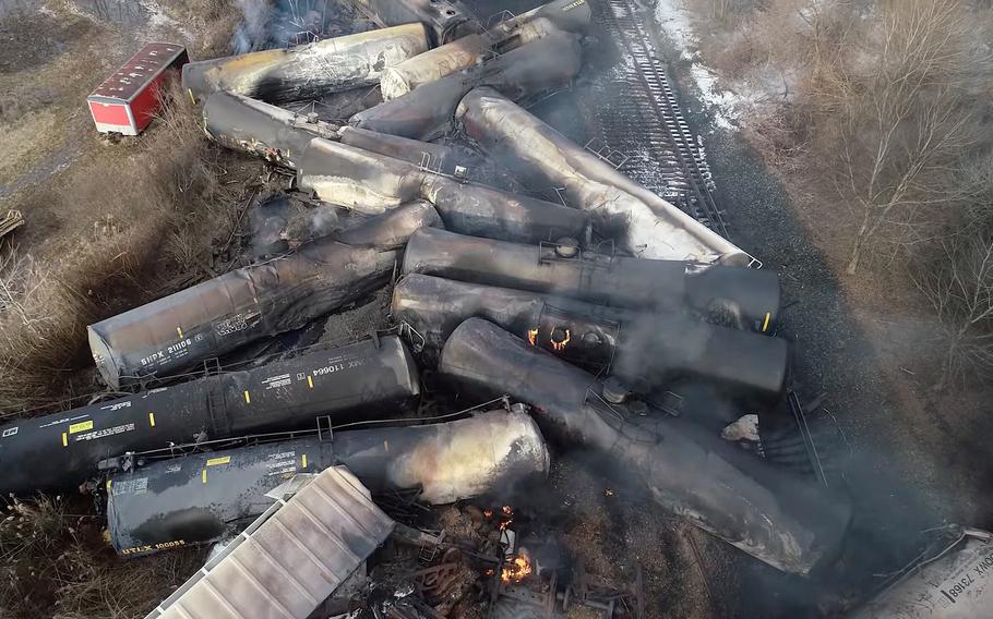 Drone footage shows the freight train derailment in East Palestine, Ohio, U.S., February 6, 2023 in this screenshot obtained from a video released by the NTSB.