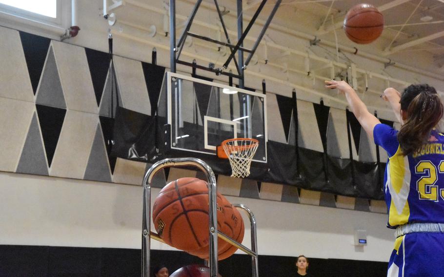 Sigonella’s Ryleigh Denton takes part in the three-point shooting contest Saturday, Feb. 24, 2024, during the DODEA-Europe Girls All-Star Basketball Game in Vicenza, Italy.