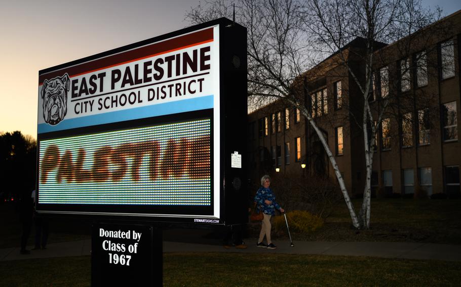 Members of the community gather at the high school for a town hall meeting following the Feb. 3, 2023, Norfolk Southern train derailment in East Palestine.