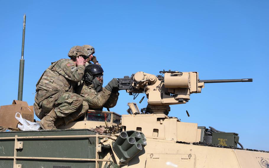 Spc. Jainice Leary, assigned to Bravo Company, 1st Armored Brigade Combat Team, 1st Infantry Division, fires the M2 Browning at targets at Studnica Range, Poland, March 9, 2022. 