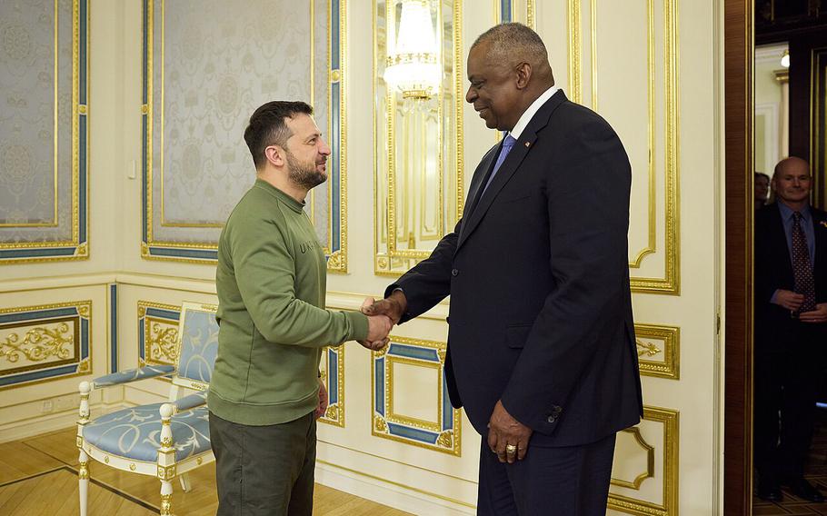 President of Ukraine Volodymyr Zelenskyy meets with U.S. Secretary of Defense Lloyd Austin on Nov. 20, 2023. 