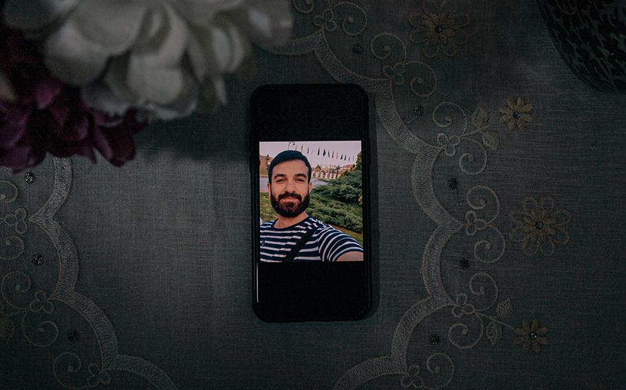 A phone belonging to Islam (for safety reasons identified only by his nickname) is seen in Istanbul on May 22, 2023, displaying a photo of Islam’s friend Saleh Sabika. Sabika, like Islam a Syrian living in Turkey, was killed, allegedly by a co-worker.