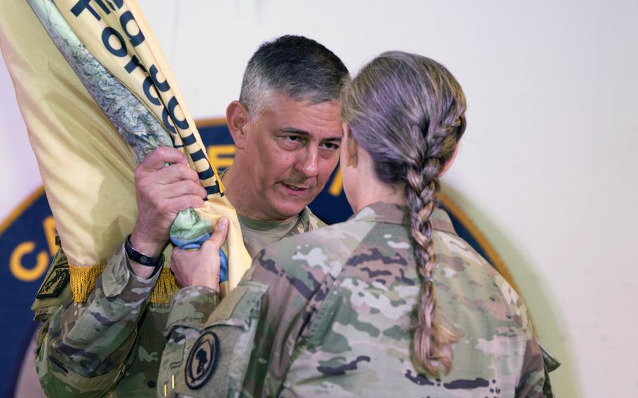 Army Gen. Stephen Townsend, commander of U.S. Africa Command, transfers command of Combined Joint Task Force  Horn of Africa to Army Maj. Gen. Jami Shawley at Camp Lemonnier, Djibouti, May 14, 2022. 