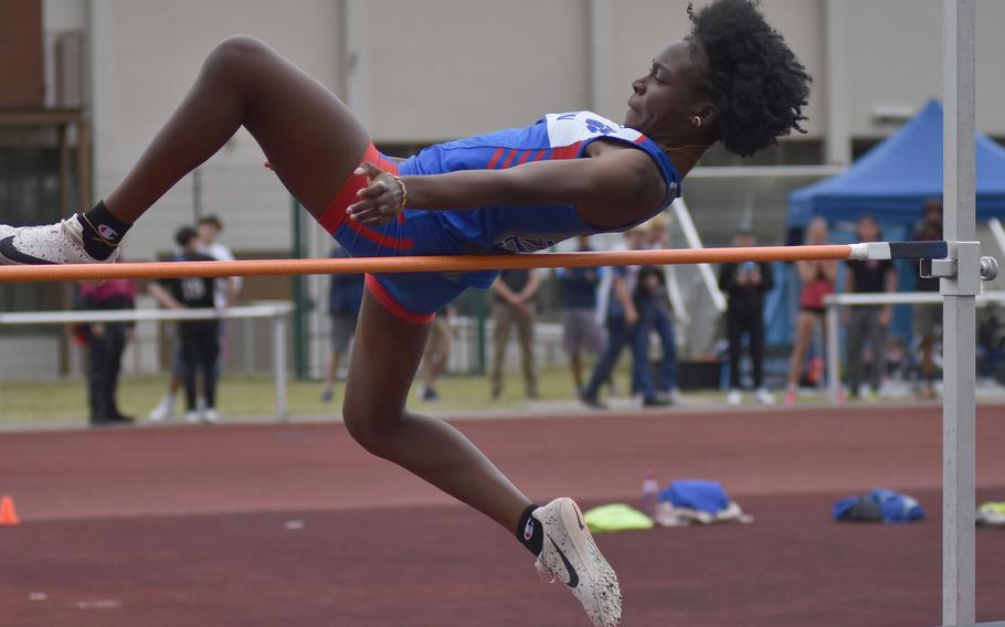 Ramstein junior Aydriel Chambers clears the bar at 5 feet, one inch to win the high jump at the DODEA-Europe track and field championships in Kaiserslautern, Germany, on Thursday, May 23, 2024.