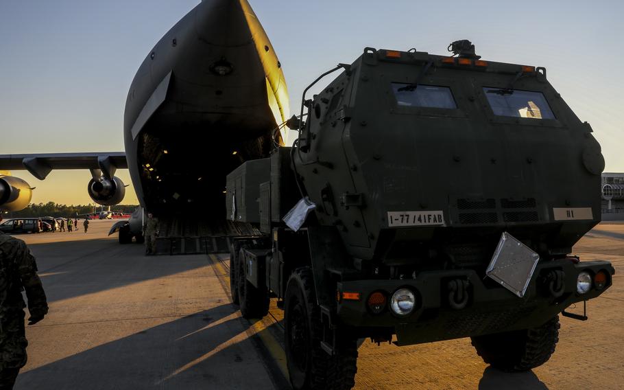 Vehicles belonging to Alpha Battery, 1st Battalion, 77th Field Artillery Regiment, 41st Field Artillery Brigade, are driven off a C-17 cargo plane at Ramstein Air Base, Germany, after conducting a live-fire exercise at Novo Selo, Bulgaria, June 1, 2021.