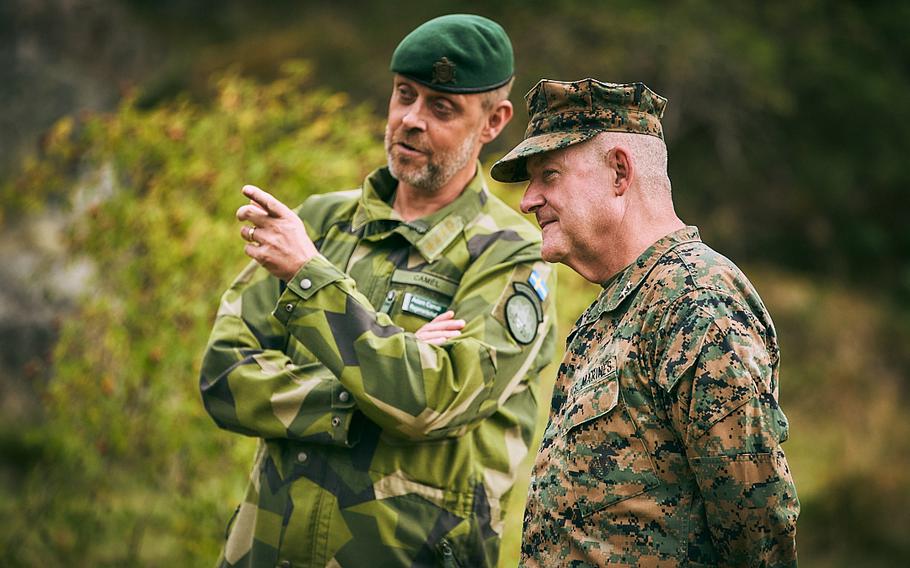 Maj. Gen. Robert Sofge, head of Marine Forces Europe and Africa, right, talks with Swedish Col. Adam Camel during an exercise in Sweden in 2023. The Marine Corps is leading Nordic Response, one of NATO’s largest military drills this year.