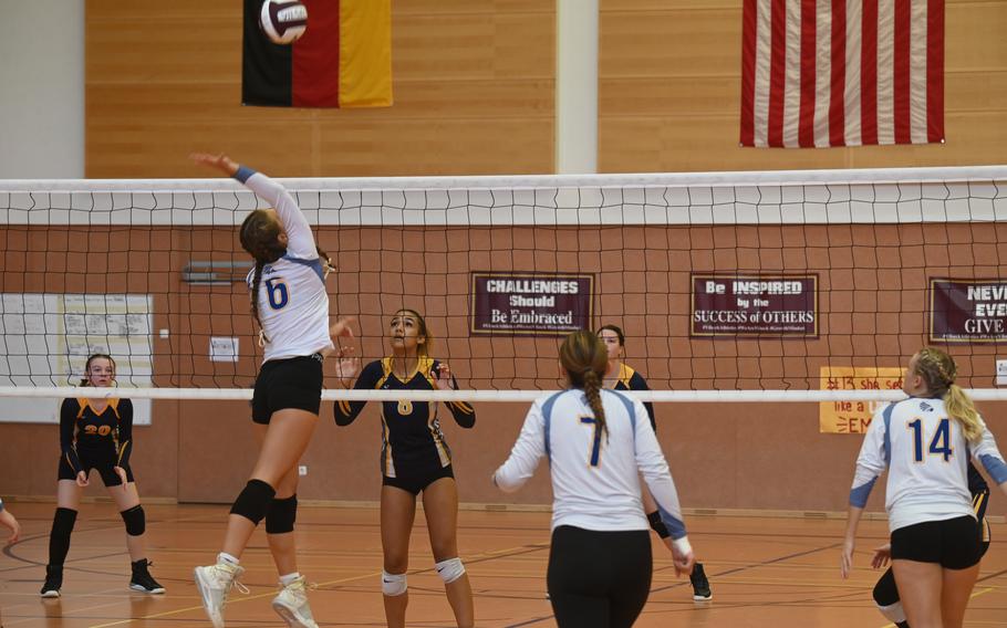 Wiesbaden’s Yasmine Davis goes up for the spike during a scrimmage against Ansbach at the Vilseck High School gym on Sept. 2, 2023.