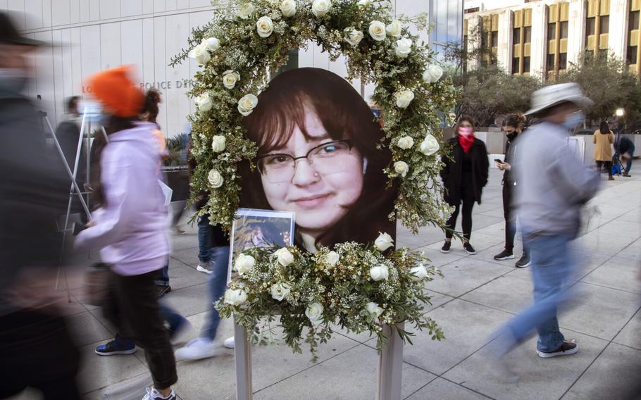 A picture of Valentina Orellana-Peralta, displayed in Los Angeles on Dec. 28, 2021, memorializes the 14-year-old Chilean girl killed by a stray bullet fired by an LAPD officer at a North Hollywood clothing store last week. President Joe Biden on Thursday, Dec. 30, offered condolences to Chile’s new President-elect Gabriel Boric over the incident.