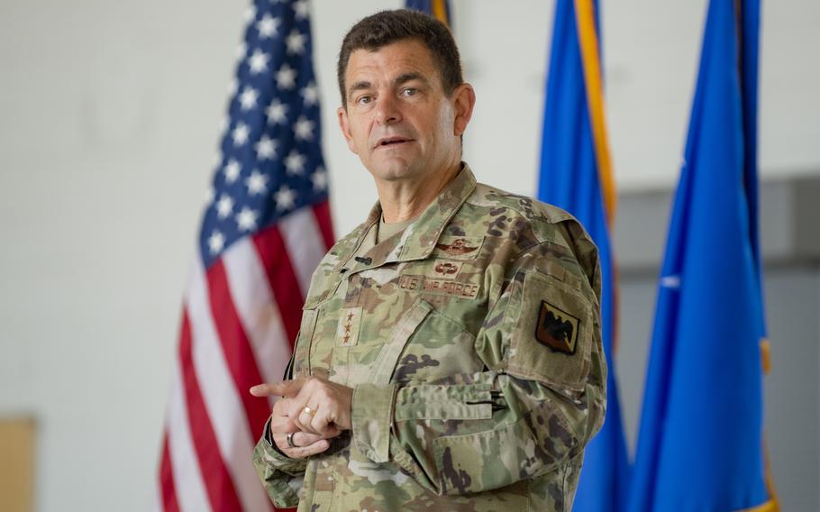 Air Force Lt. Gen. Michael Loh, director of the Air National Guard, speaks to airmen with the 124th Fighter Wing of the Idaho National Guard in August 2022.