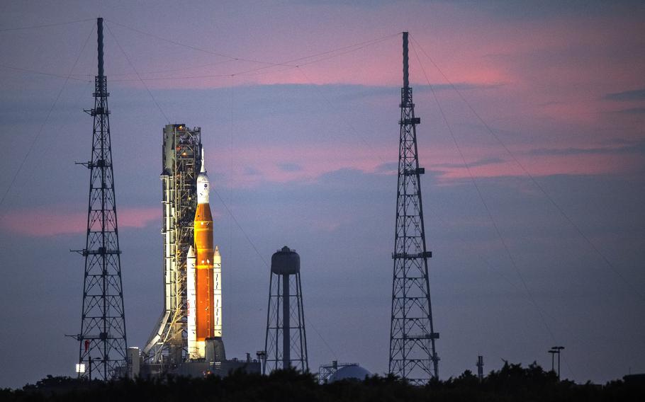 The Artemis I Orion capsule sits atop the Space Launch System rocket on Launch Pad 39B at Kennedy Space Center in Florida on Aug. 27, 2022. 