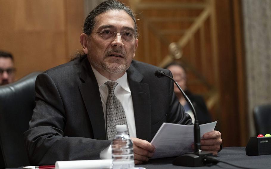 Census Bureau Director nominee Robert Santos, testifies before the Senate Homeland Security and Governmental Affairs committee, Thursday, July 15, 2021, on Capitol Hill in Washington. The Senate has confirmed Santos as the next U.S. Census Bureau director, Thursday, Nov. 4. As a third-generation Mexican American, he will be the first person of color to lead the nation’s largest statistical agency on a permanent basis. 