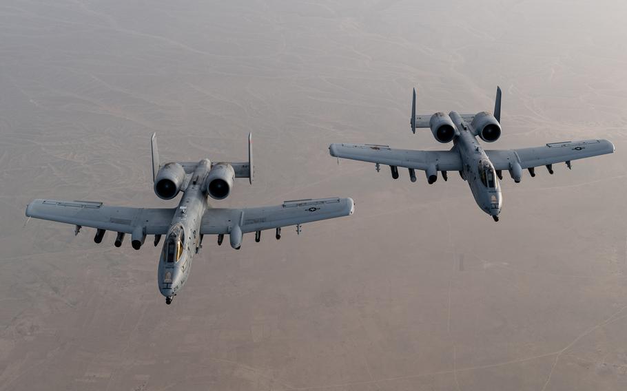 Two Air Force A-10 Thunderbolt II's fly above the U.S. Central Command area of responsibility on June 29, 2020. The Thunderbolt II is a highly accurate, global reach airframe that provides U.S. forces a maneuverable close air support and precision strike platform.