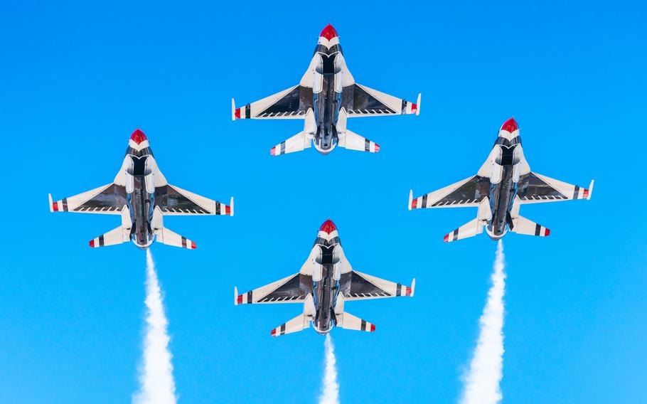 The United States Air Force Air Demonstration Squadron Thunderbirds perform during Tampa Bay AirFest at MacDill Air Force Base, Fla., Saturday, March 30, 2024.