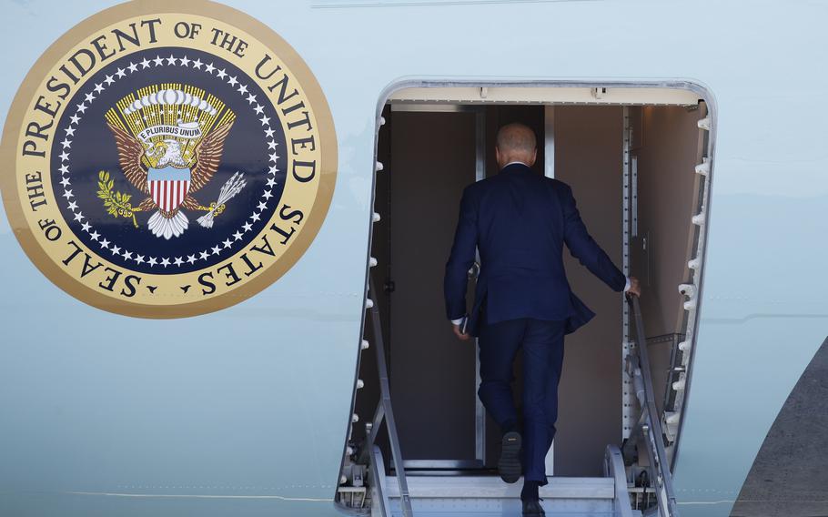 President Joe Biden boards Air Force One, March 11, 2024, at Andrews Air Force Base, Md.