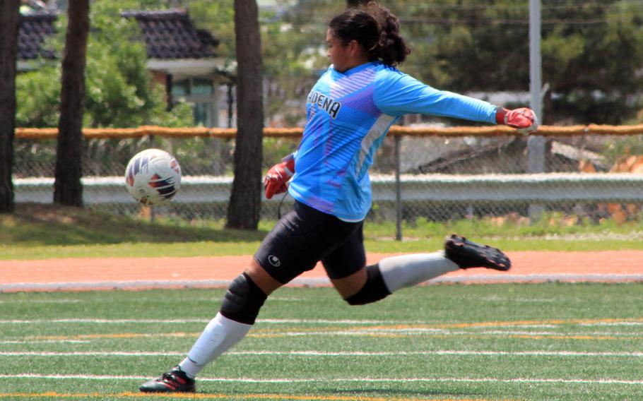 Kadena keeper Suni Mauricio sends the ball downfield.