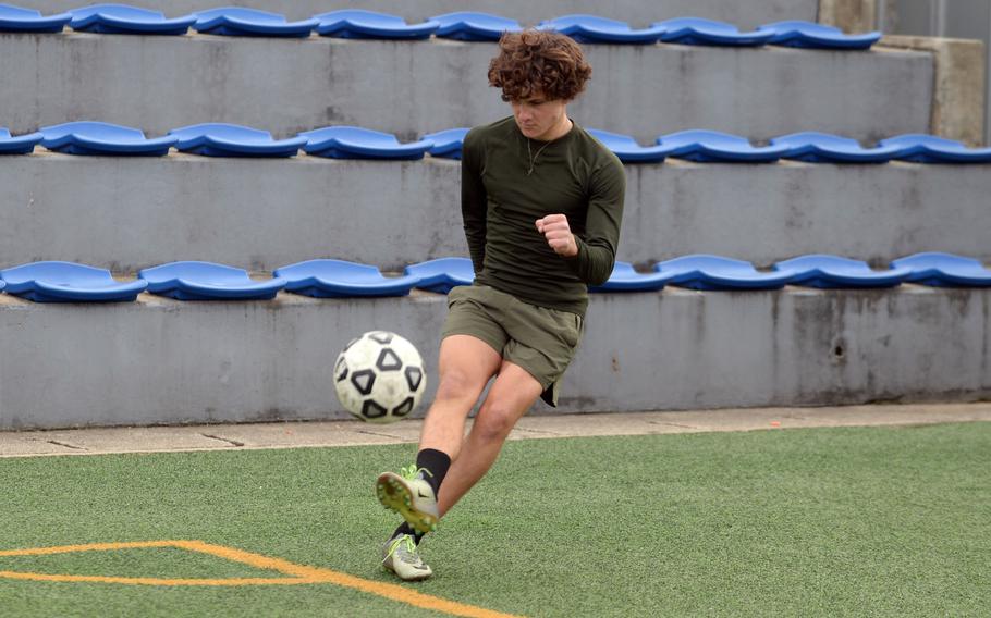 Freshman Reid Iverson has settled in to Osan’s boys soccer team after having played for Radford (Hawaii) as a defender in December and January.