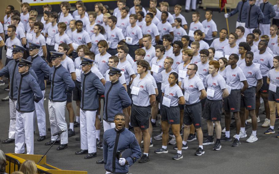 VMI freshmen stand in formation at Cameron Hall, the school’s basketball arena, with their assigned company in the college’s Corps of Cadets.