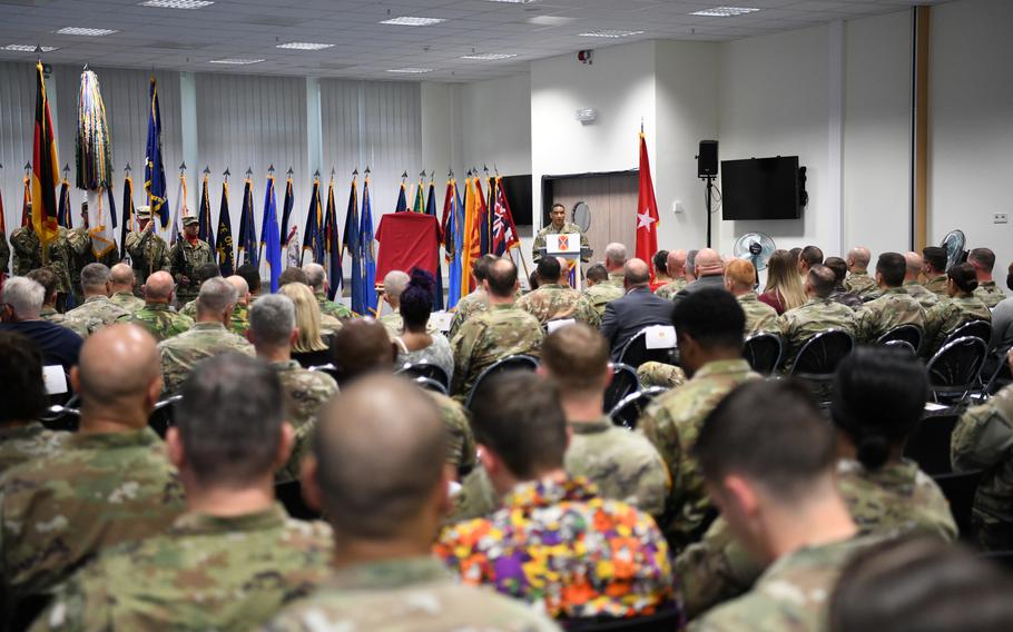 Brig. Gen. Maurice Barnett speaks to the audience at an activation ceremony for the 52nd Air Defense Artillery Brigade at Sembach Kaserne in Germany on Thursday, Oct. 6, 2022. 