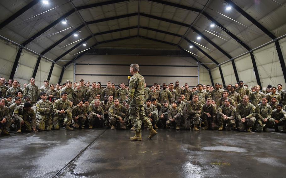 Army Chief of Staff Gen. James McConville addresses soldiers from the 101st Airborne Division at Mihail Kogalniceanu Air Base, Romania, during his visit on Dec. 16, 2022. About 5,000 soldiers from the division are operating in Europe, with the bulk of the force anchored in Romania.