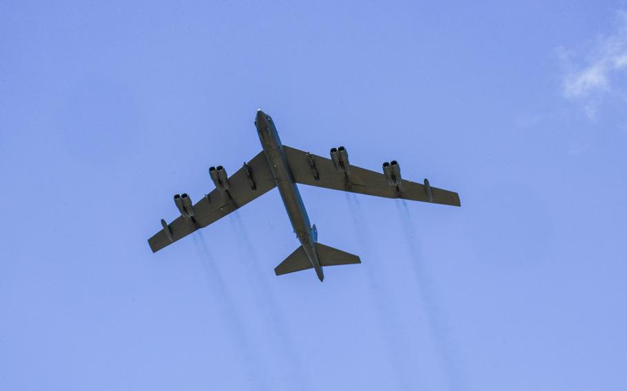 A U.S. Air Force B-52 Stratofortress flies over Adazi Military Training Base, Latvia, June 13, 2016. 