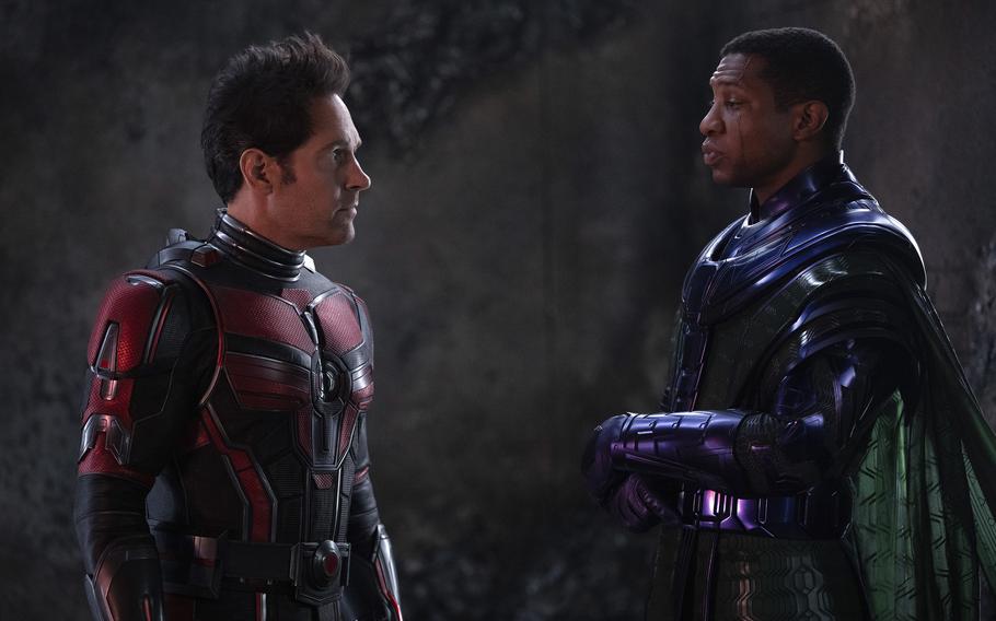 Paul Rudd, left, and Jonathan Majors face off in “Ant-Man and the Wasp: Quantumania.” 