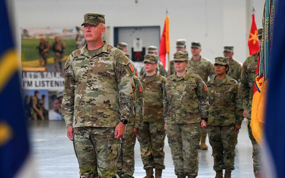 Col. Bruce Bredlow, commander of the 52nd Air Defense Brigade, stands in front of his formation during an assumption of command ceremony for the 5th Battalion, 4th Air Defense Artillery Regiment on Aug. 2, 2023, in Ansbach, Germany. 
