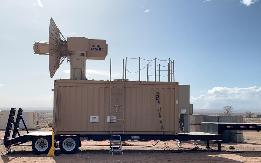 The Tactical High-power Operational Responder, or THOR, a high-powered microwave counter drone weapon, stands ready to demonstrate its effectiveness against a swarm of multiple targets at the Air Force Research Laboratory, or AFRL, Chestnut Test Site, Kirtland Air Force Base, N.M., April 5, 2023.