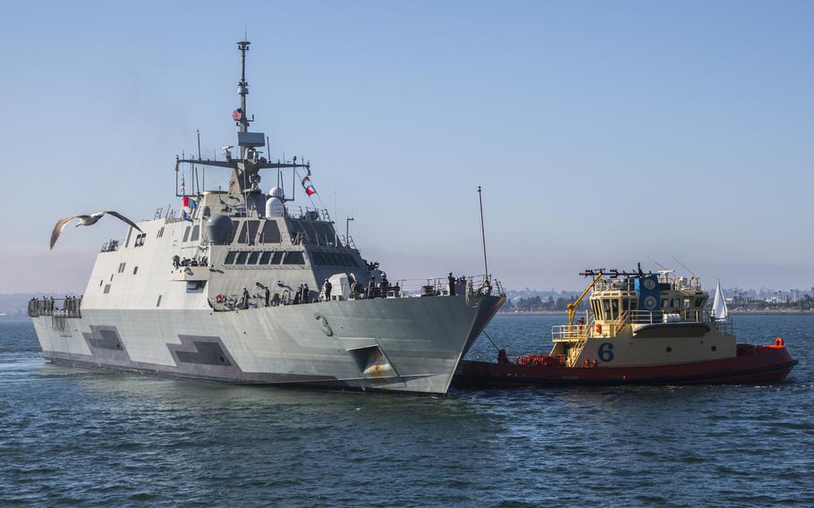U.S. Navy sailors prepare for Fleet Week by docking the USS Fort Worth (LCS-3) at the Broadway Pier in San Diego, Nov. 3, 2021.
