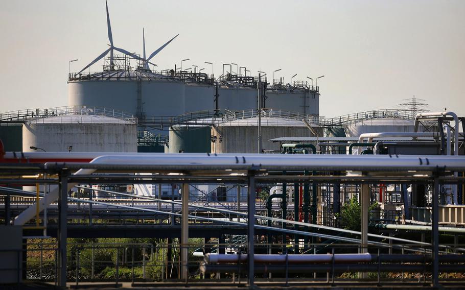 Pipelines and storage tanks at the Evos Hamburg petroleum products facility in the Port of Hamburg in Germany.