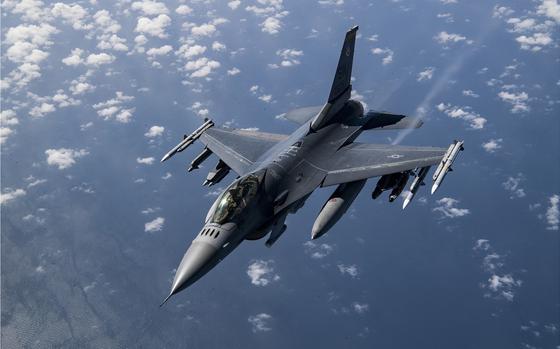An Air Force F-16 Fighting Falcon flies over Afghanistan in March 2020. 