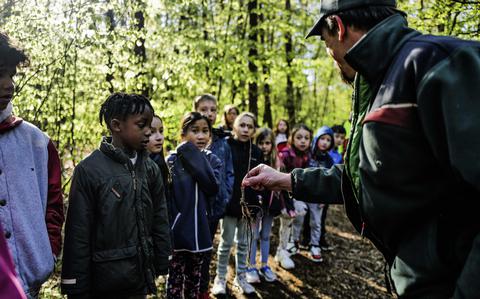 Rheinland-Pfalz Forest Ranger Michael Dejon explains the parts of an oak seedling to elementary school students at Ramstein Air Base, April 23, 2024. Dejon emphasized the importance of understanding how trees grow and their role in the forest.