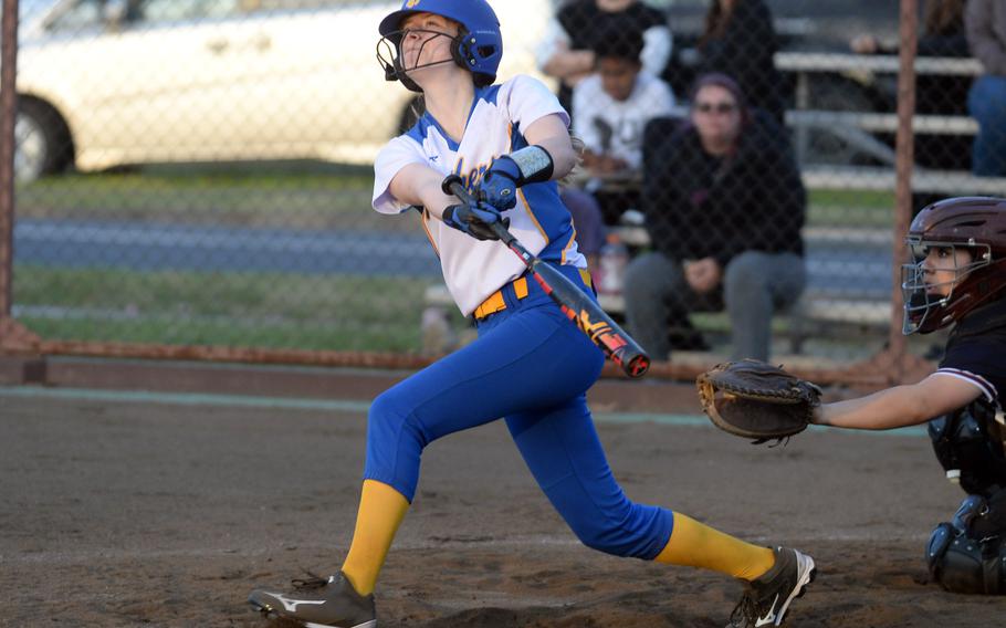 Yokota’s Zaylee Gubler eyes the ball in flight during Tuesday’s DODEA-Japan softball game at Zama. The Panthers won 15-3.