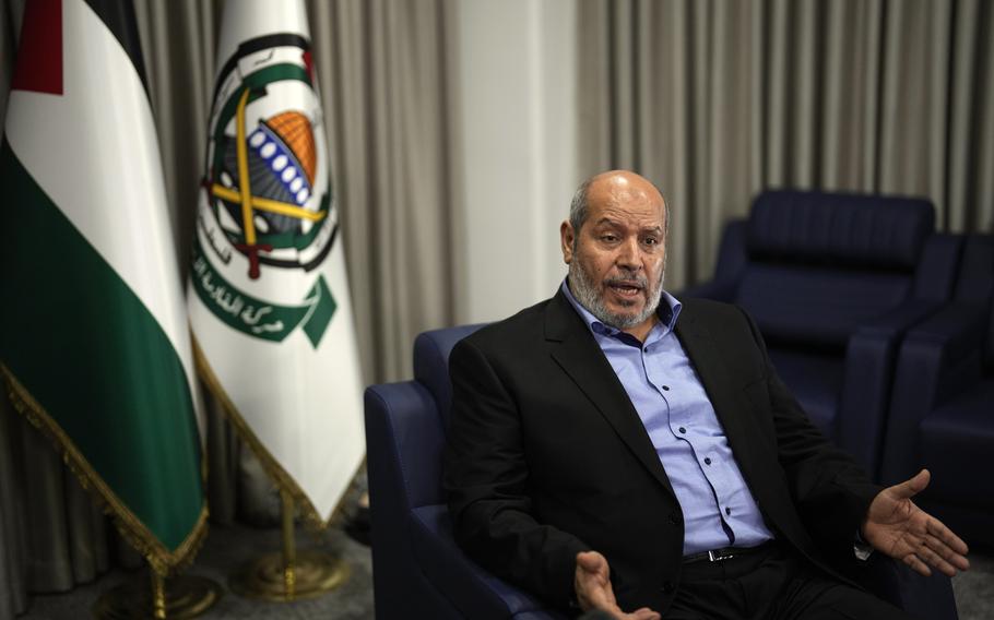 Khalil al-Hayya, a high-ranking Hamas official who has represented the Palestinian militant group in negotiations for a cease-fire and hostage exchange deal, speaks during an interview in Istanbul, Turkey, on April 24, 2024. 