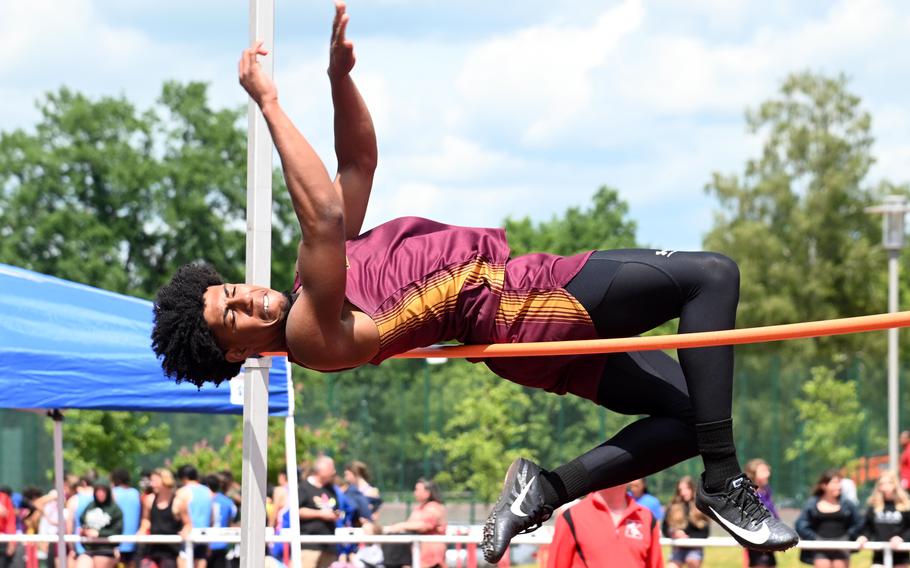 Baumholder’s Jovan Velasquez won the boys high jump competition at the DODEA-Europe track and field championships in Kaiserslautern, Germany, clearing 6 feet, 1 inch.