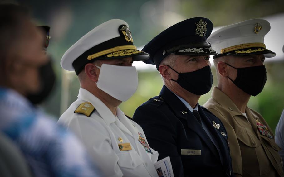 U.S. military leaders wear masks during a Veterans Day event in Adelup, Guam, Nov. 11, 2021. 