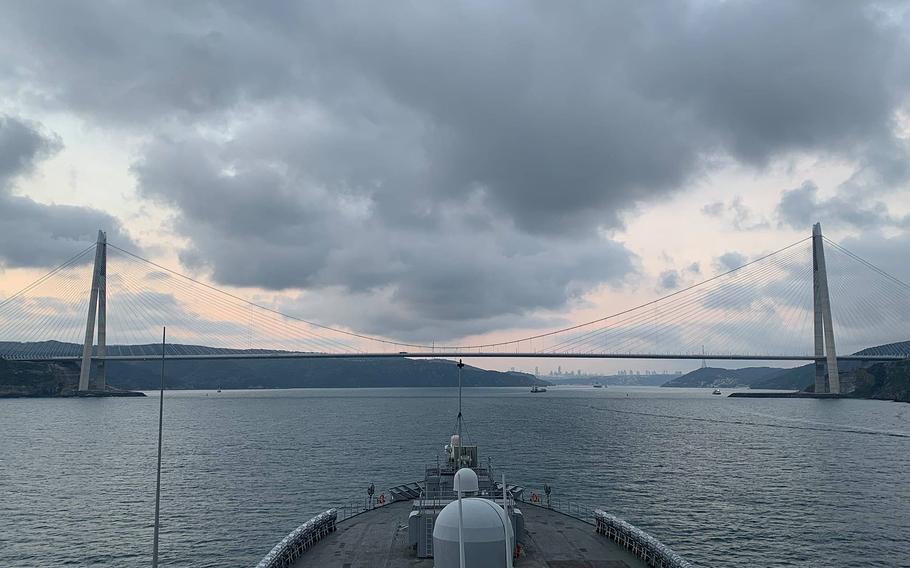 The U.S. 6th Fleet flagship USS Mount Whitney makes its way from the Black Sea to the Mediterranean Sea after concluding maritime operations and exercises alongside NATO allies and partners, Nov. 15, 2021.