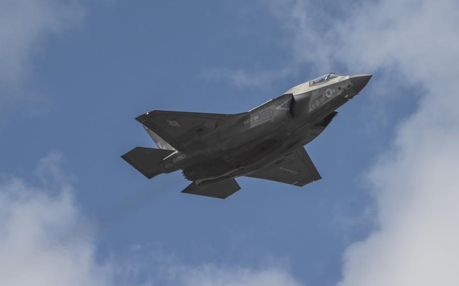 A Marine Corps F-35B Lightning II performs aerial maneuvers Aug. 21, 2023, during an airshow practice at Marine Corps Air Station Beaufort, S.C.