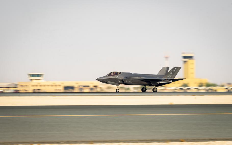 A U.S. Air Force F-35A Lightning II lands at Al Udeid Air Base, Qatar, Sept. 5, 2023. The U.S. has reportedly reached a deal with Qatar to extend its military presence at Al Udeid for another 10 years.