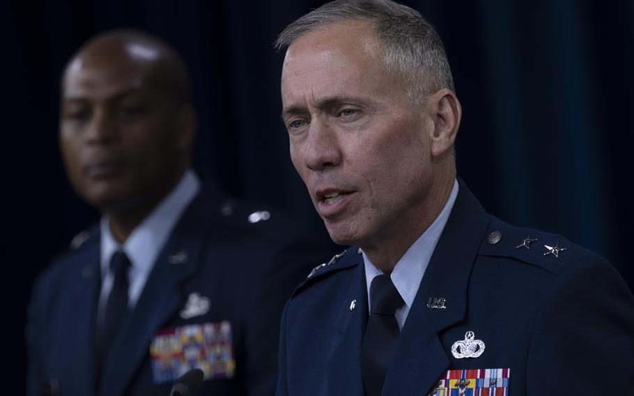 Maj. Gen. John T. Wilcox, commander of the Air Force Installation and Mission Support Center, Brig. Gen. Roy Collins, Air Force director of security forces, and Maj. Gen. John T. Wilcox, commander of Air Force Installation and Mission Support Center, brief reporters at the Pentagon on the results of an Army investigation and an independent review of the Jan. 5, 2020, al-Shabaab attack at the Cooperative Security Location in Manda Bay, Kenya.