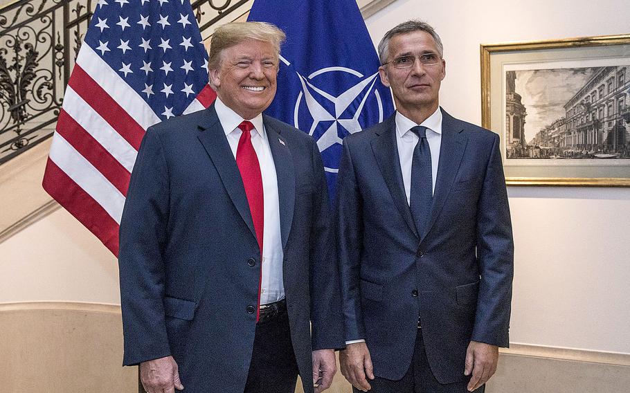 Then-President Donald Trump meets with NATO Secretary-General Jens Stoltenberg in Brussels in 2018. Stoltenberg has been peppered with questions this week about what the implications of a Trump second term would mean for NATO, following the former president's remarks that he would oppose defending certain allies from a Russian attack.
