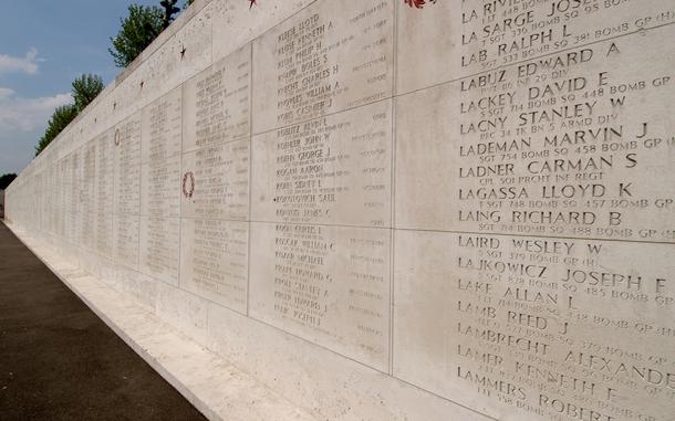Margraten, The Netherlands, May 12, 2006: Some of the names of the 1,722 missing American soldiers and airmen inscribed in one of two walls at Netherlands American Cemetery in Margraten, Netherlands.

More than 100,000 soldiers, sailors, airmen and Marines are buried in cemeteries across Europe, looked after by the American Battle Monument Commission. They range from Flanders Field American Cemetery in Belgium with 386 American war dead, to the 14,246 interred at Meuse-Argonne American Cemetery in France. Both are World War I cemeteries.

Lorraine American Cemetery in France, with 10,489 fallen, is the largest American WWII cemetery in Europe.

Interested in visiting one of the American cemeteries in Europe this Memorial Day? Find out where they are here. 
https://www.stripes.com/travel/american-cemeteries-where-america-s-heroes-are-laid-to-rest-1.53068