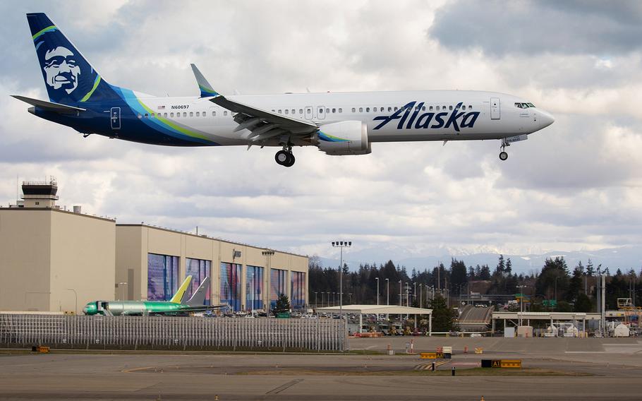 A Boeing 737 MAX-9, built for Alaska Airlines, undergoes testing as it flies past the Boeing factory in Everett, Washington, on March 23, 2020. A shortage of planes is keeping fare prices higher than before the pandemic. 