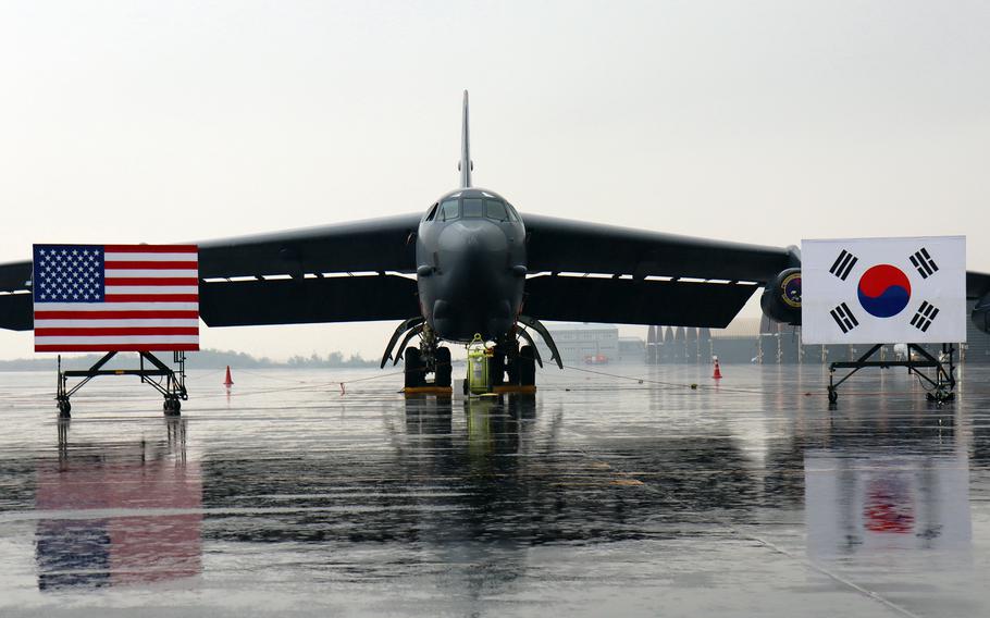 An Air Force B-52H Stratofortress assigned to the 96th Bomb Squadron out of Barksdale Air Force Base, La., sits on the flightline at Cheongju International Airport, South Korea, Oct. 19, 2023.