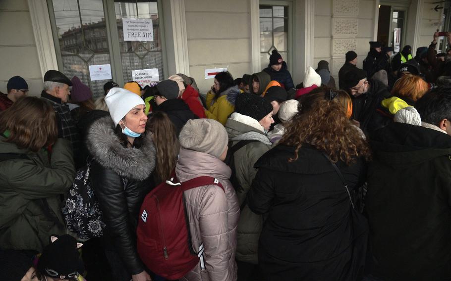 Refugees from Ukraine arrive at the Przemysl, Poland train station, March 2, 2022. Volunteers helped those arriving by feeding them, finding transportation to other places in Europe or offering women and children cots to rest on.