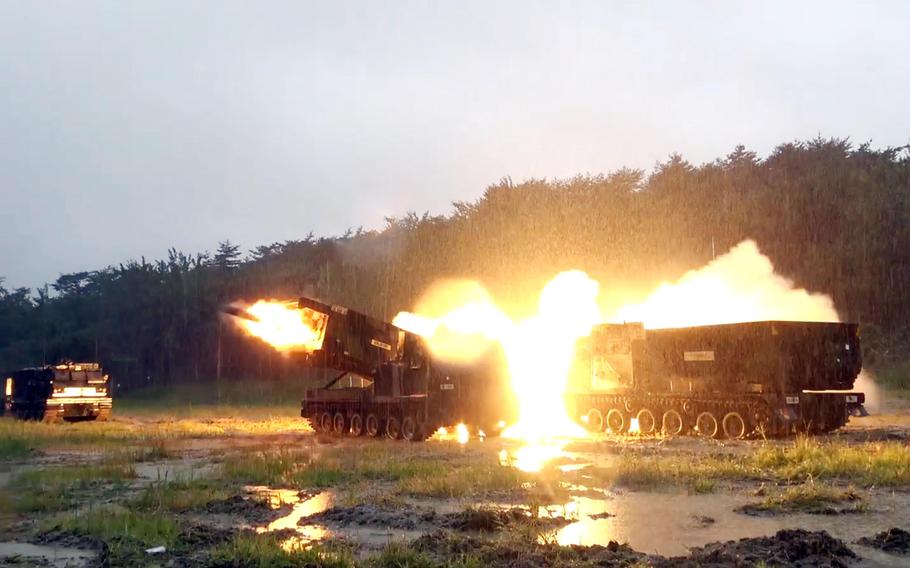 The 2nd Infantry Division fires a multiple launch rocket system while training in Gangwon Province, South Korea, Wednesday, Aug. 31, 2022. 