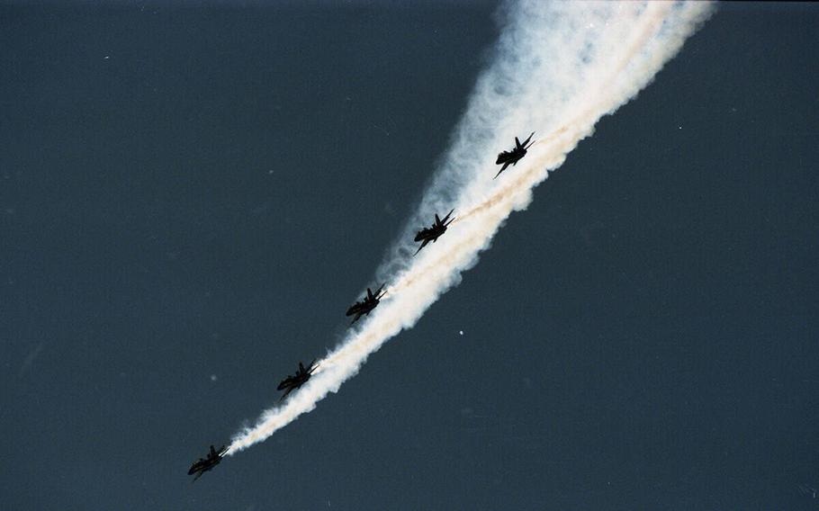 The Blue Angels flying during a joint practice with the Air Force Thunderbirds on Oct. 7, 1997, at Nellis Air Force Base. 