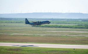A C-130J Super Hercules with the 40th Airlift Squadron takes off from Dyess Air Force Base, Texas, April 18, 2024, on its way to Andersen Air Force Base, Guam.